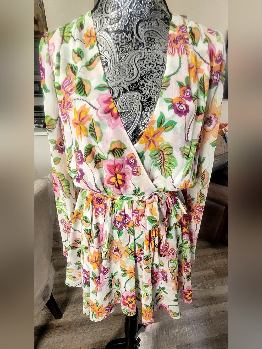 Misa Los Angeles White Floral Faux Wrap Mini Dress with Pink and Yellow Blooms - Picture 3 of 9